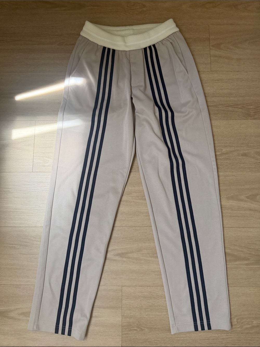 Kith x Adidas Track Pants in Beige with 3 Navy Stripes + Cream Knit Waistband